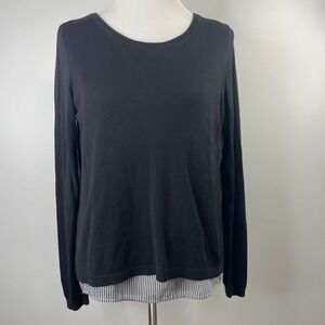 HM Womens Black Mixed Media Split Back Striped Layered Sweater Size M 0209503 1